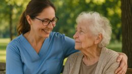 Opiekunka spacerująca z uśmiechniętą seniorką w parku