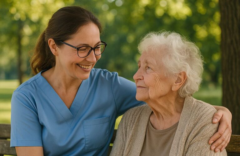 Opiekunka spacerująca z uśmiechniętą seniorką w parku