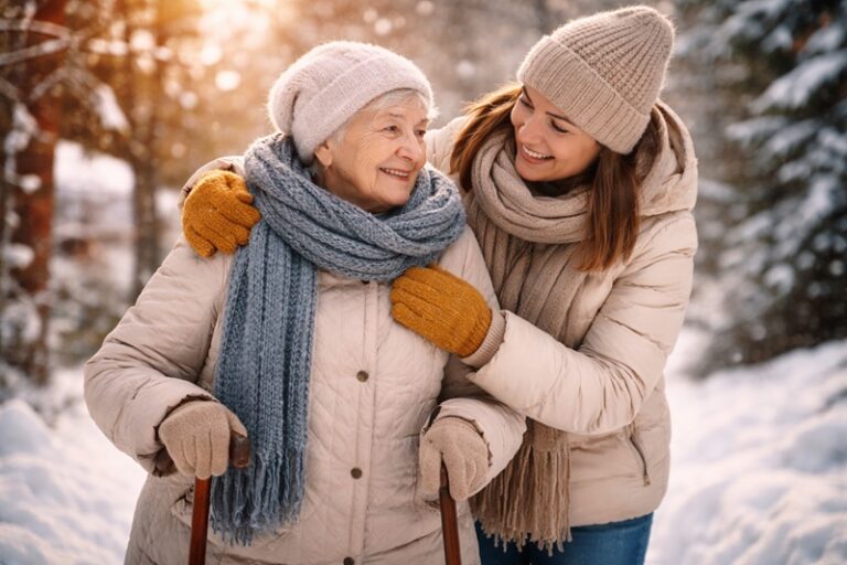 Córka wspierająca starszą mamę podczas zimowego spaceru, obie ubrane w ciepłe kurtki i szaliki, symbol troski bez naruszania samodzielności seniora