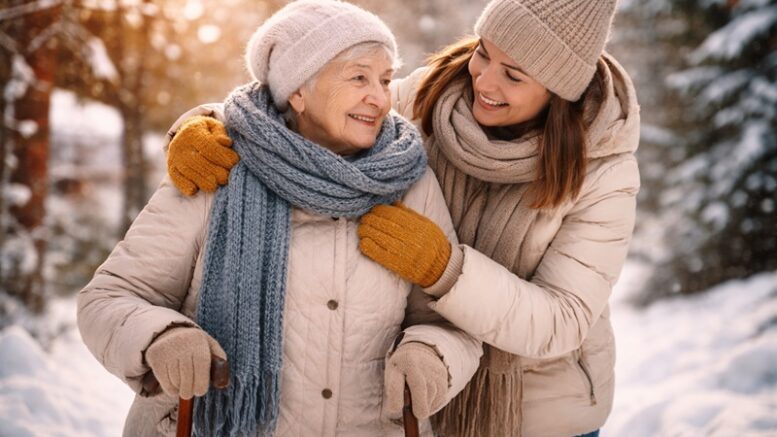 Córka wspierająca starszą mamę podczas zimowego spaceru, obie ubrane w ciepłe kurtki i szaliki, symbol troski bez naruszania samodzielności seniora