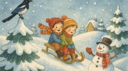 Dzieci zjeżdżające na sankach zimą, bałwan i śnieżny krajobraz – ilustracja dla dzieci