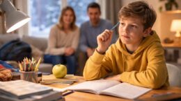 Dziecko odrabiające lekcje przy biurku zimą, z zeszytami i książkami, podczas gdy rodzice wspierają je spokojną obecnością w domowej atmosferze