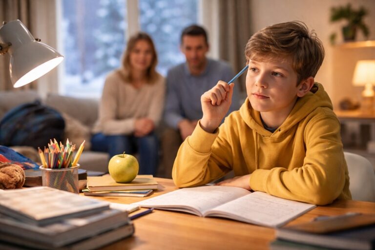 Dziecko odrabiające lekcje przy biurku zimą, z zeszytami i książkami, podczas gdy rodzice wspierają je spokojną obecnością w domowej atmosferze