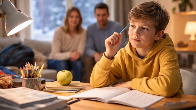 Dziecko odrabiające lekcje przy biurku zimą, z zeszytami i książkami, podczas gdy rodzice wspierają je spokojną obecnością w domowej atmosferze