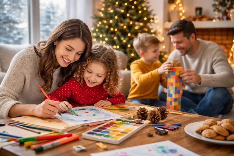 Rodzina spędzająca zimowy dzień w domu, rodzice i dzieci bawią się i rysują przy stole w ciepłej, świątecznej atmosferze