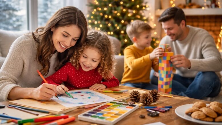 Rodzina spędzająca zimowy dzień w domu, rodzice i dzieci bawią się i rysują przy stole w ciepłej, świątecznej atmosferze