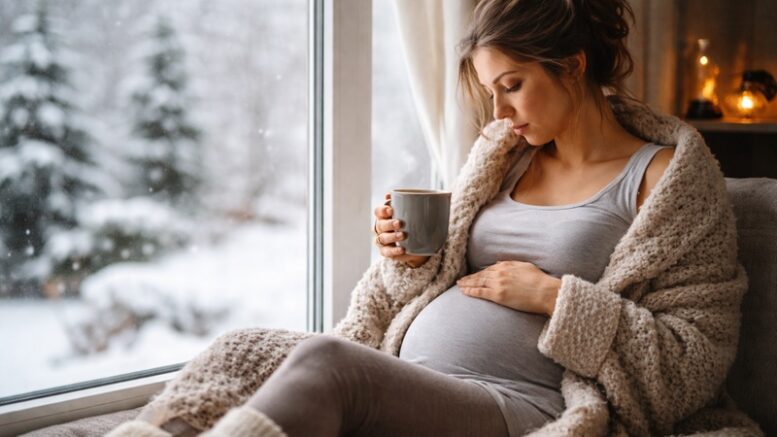 Zimowa chandra w ciąży – ciężarna kobieta siedząca przy oknie w zimowy dzień, owinięta kocem, trzymająca kubek ciepłego napoju