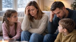 zimowe obniżenie nastroju u rodziców mama i tata siedzą z dziećmi w salonie podczas zimowego wieczoru