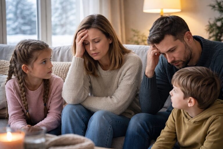 zimowe obniżenie nastroju u rodziców mama i tata siedzą z dziećmi w salonie podczas zimowego wieczoru