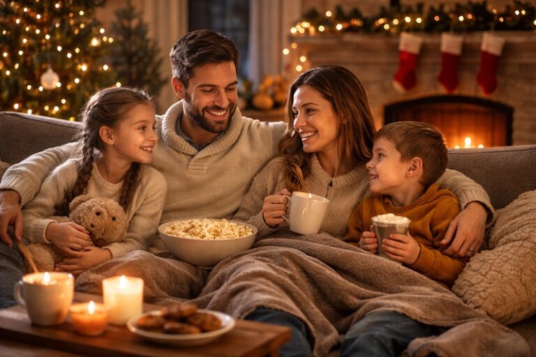 rodzinne zimowe wieczory spędzane razem w przytulnym salonie przy ciepłym świetle