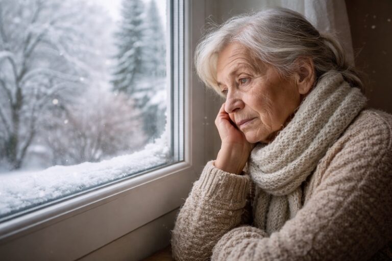 osoby starsze zimą - siedząca starsza kobieta przy oknie w chłodny dzień