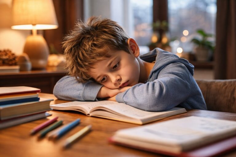 zimowe zmęczenie dzieci podczas odrabiania lekcji przy biurku w chłodny wieczór