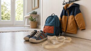 Dziecięce buty i miarka na podłodze jako symbol wyboru odpowiednich butów dla dziecka