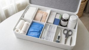 Domowa apteczka rodzinna z lekami i materiałami opatrunkowymi