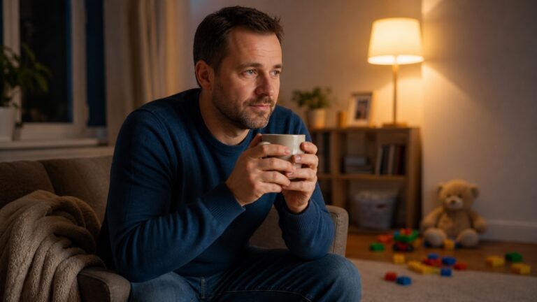 Ojciec potrzebujący chwili na uporządkowanie emocji w rodzinnym domu