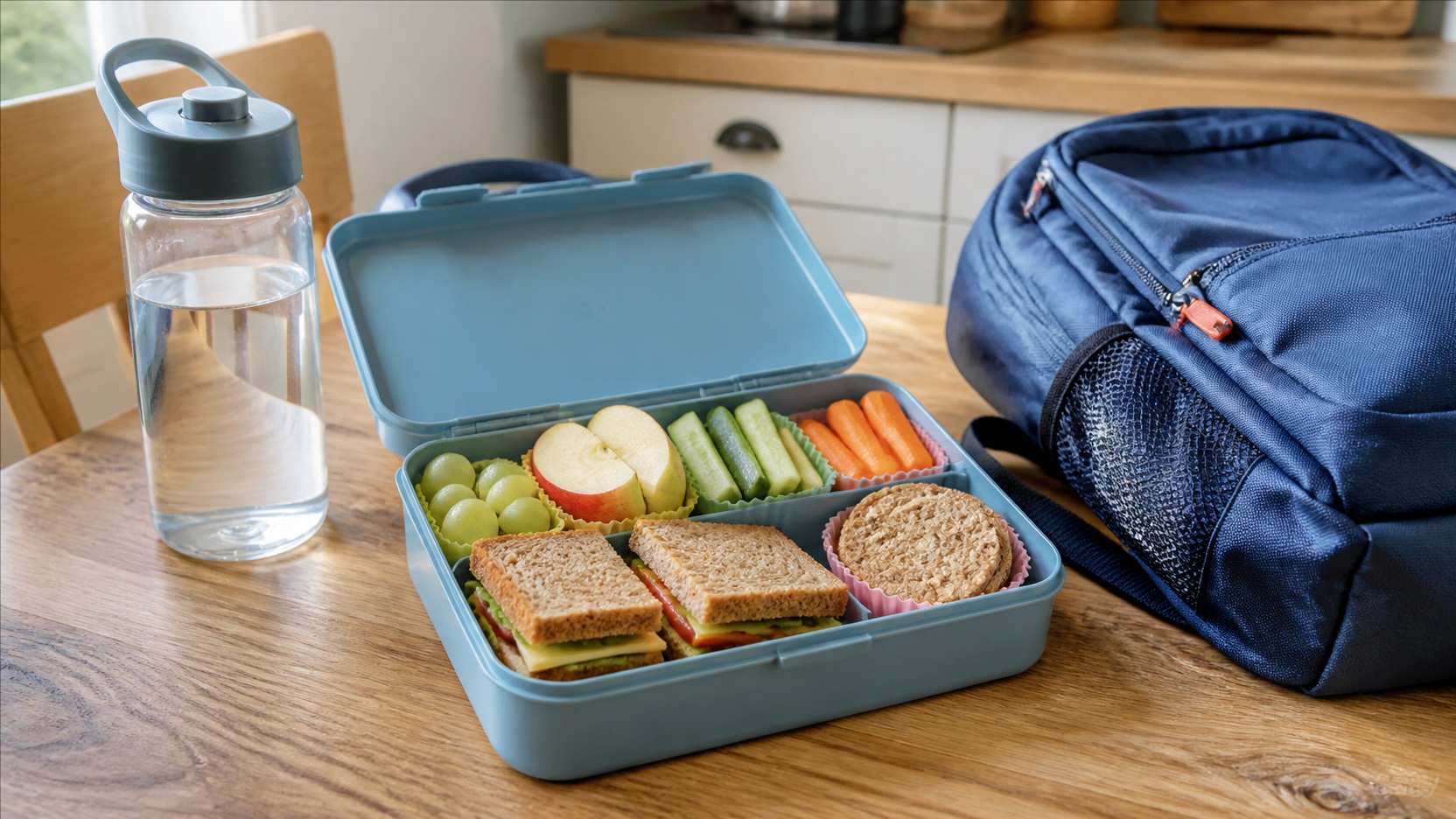 Lunchbox do szkoły z kanapkami, owocami i warzywami dla dziecka