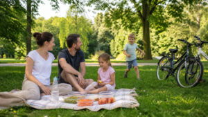 Rodzina spędzająca tani weekend na pikniku w parku