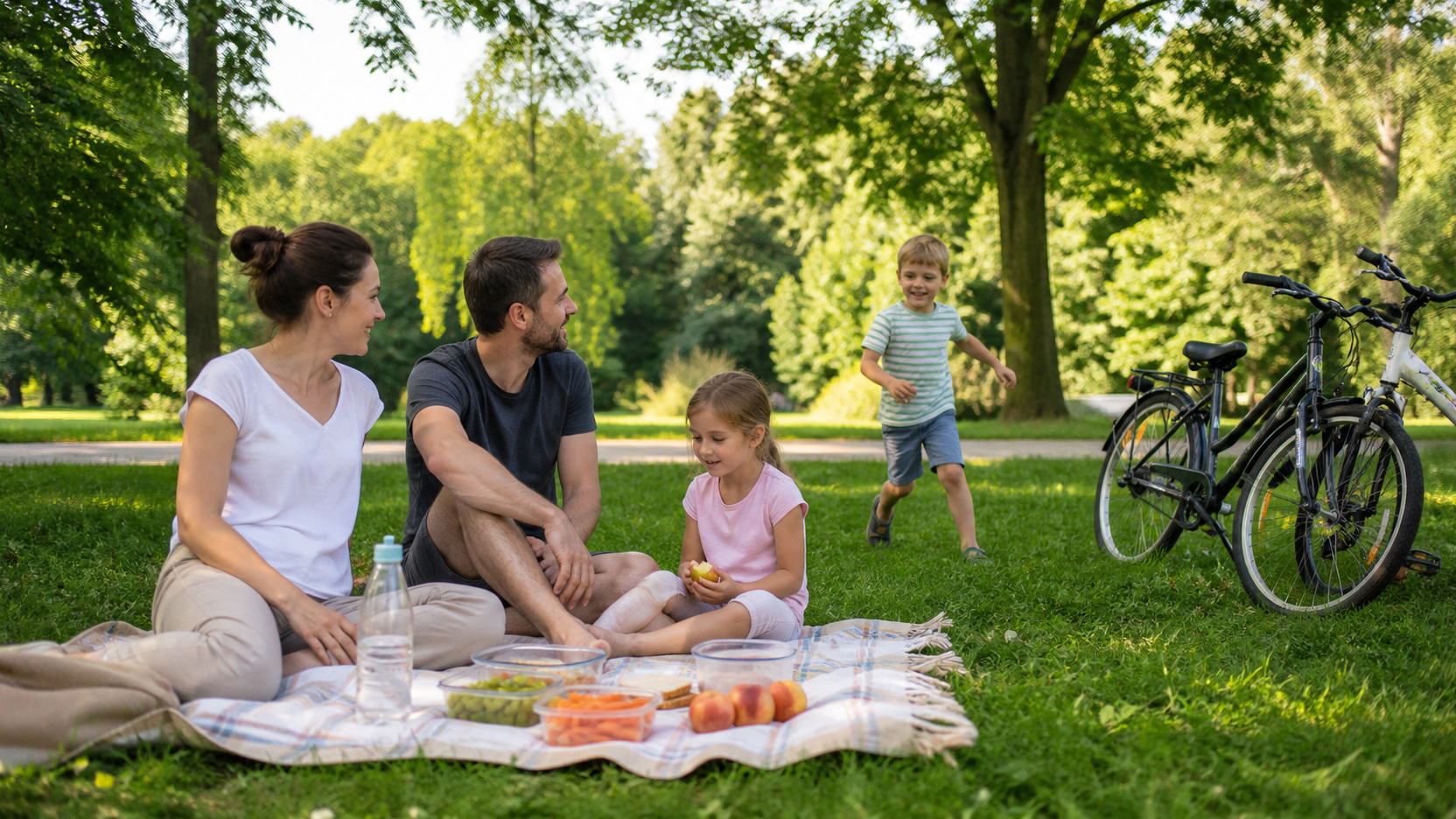 Rodzina spędzająca tani weekend na pikniku w parku
