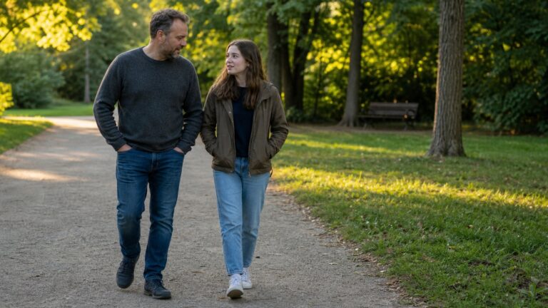 Tata i córka rozmawiają podczas wspólnego spaceru