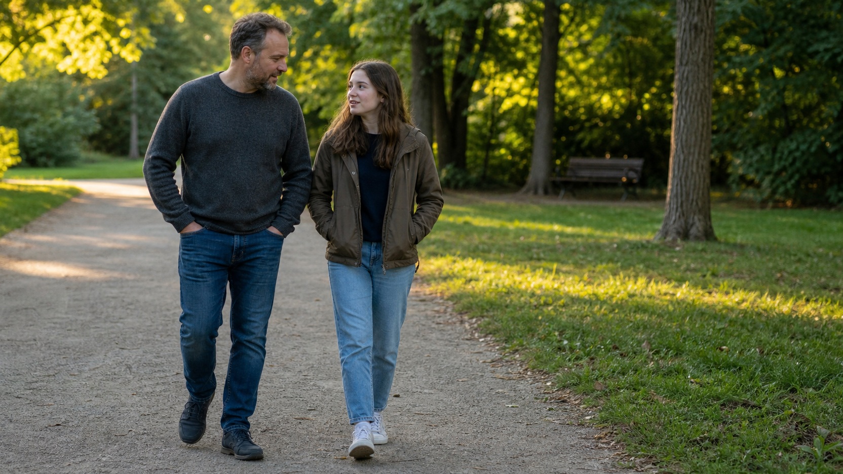 Tata i córka rozmawiają podczas wspólnego spaceru