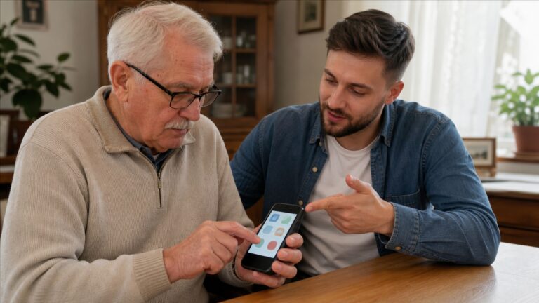 Senior uczący się obsługi smartfona i internetu z pomocą bliskiej osoby