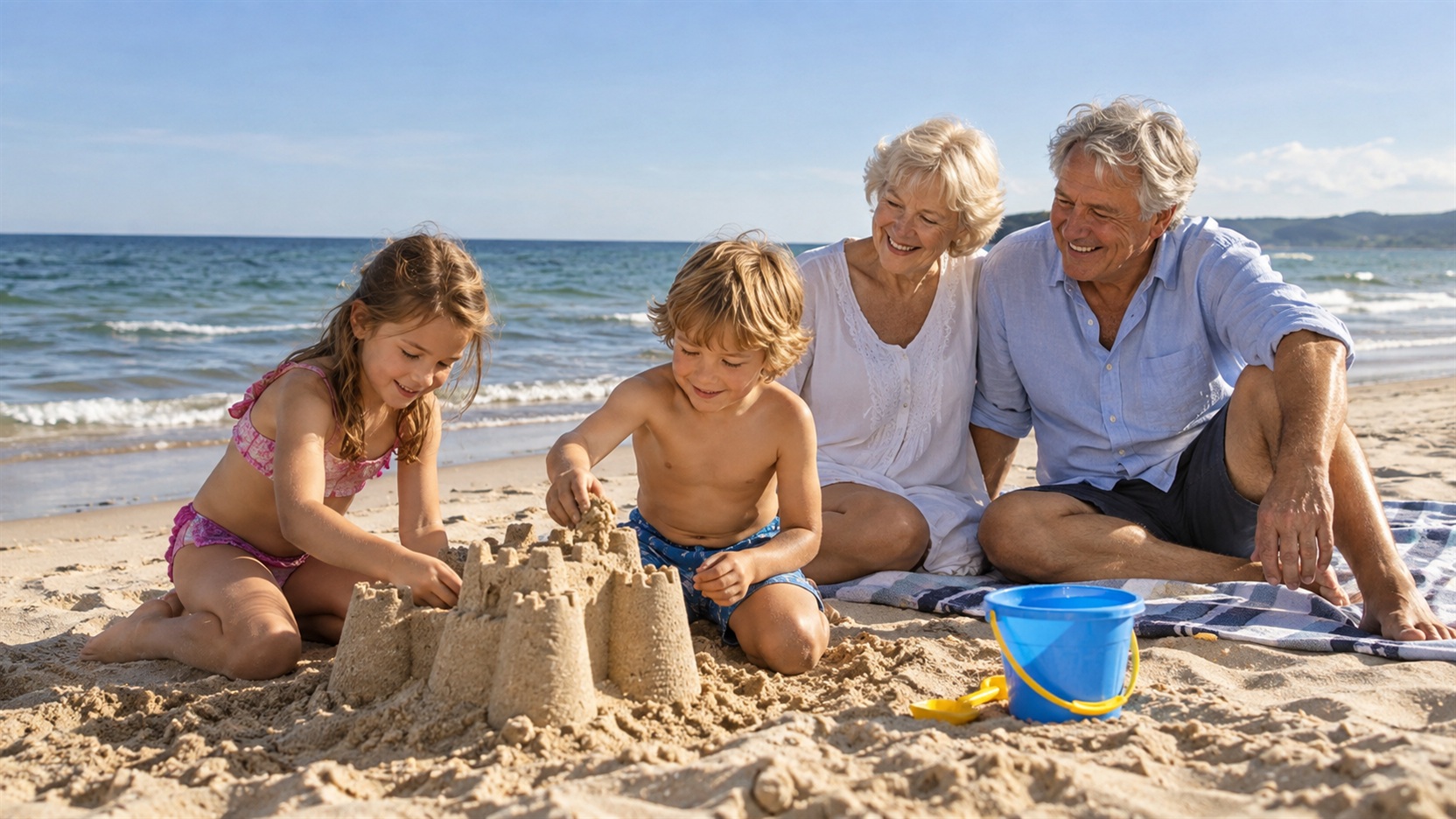 Dziadkowie spędzający wakacje z wnukami na plaży