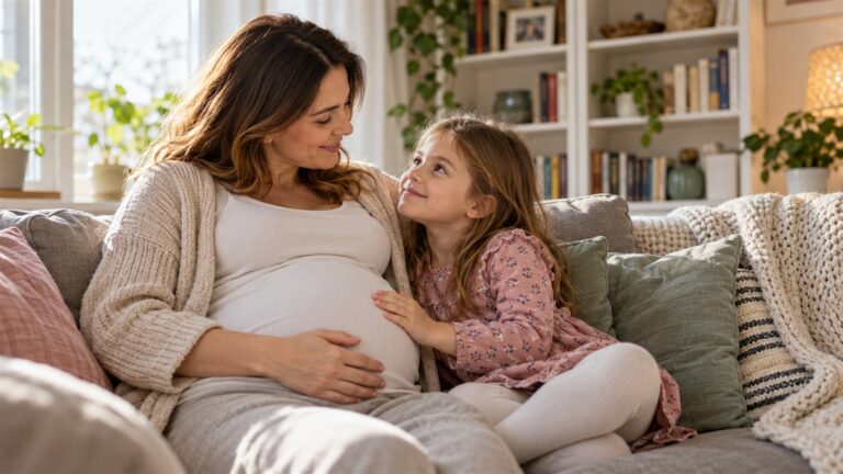 Narodziny rodzeństwa – mama w ciąży rozmawia ze starszą córką o pojawieniu się nowego dziecka w rodzinie.