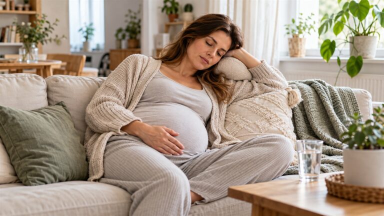 Zmęczenie w ciąży – przyszła mama odpoczywająca na kanapie w domu z dłonią na ciążowym brzuchu.