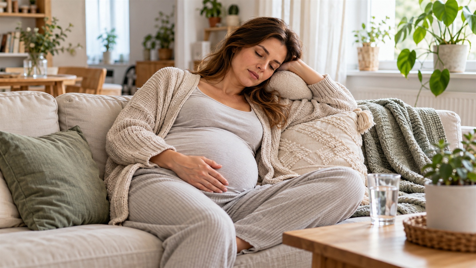 Zmęczenie w ciąży – przyszła mama odpoczywająca na kanapie w domu z dłonią na ciążowym brzuchu.